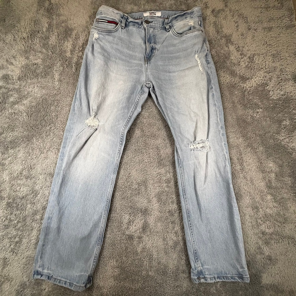 Tommy Jeans Mens Distressed Straight Leg Light Wash Denim Blue Ripped Pants